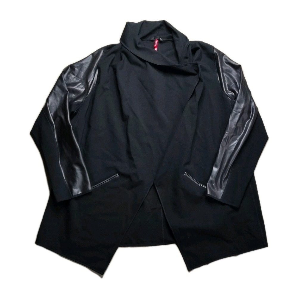 Spanx Jacket Womens 3X Black Draped Open Front Faux Leather Sleeve Zip Pockets
